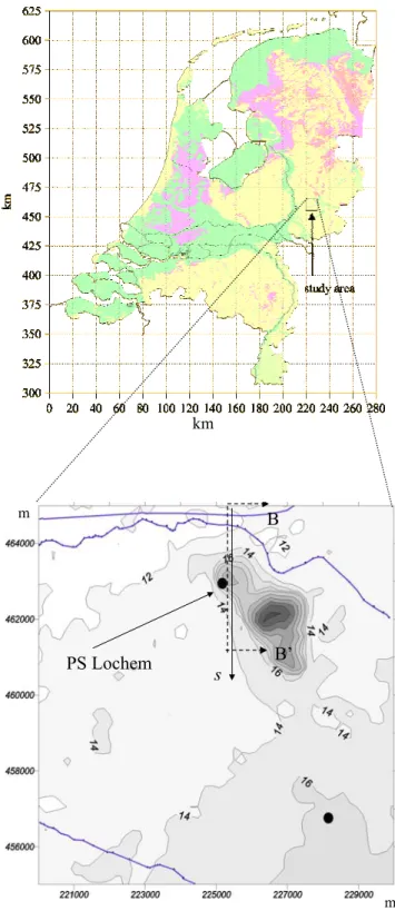 Figure 2.11 Case 2 (Lochem): location and ground-surface elevation around pumping station Lochem, and  position of cross-section B-B’