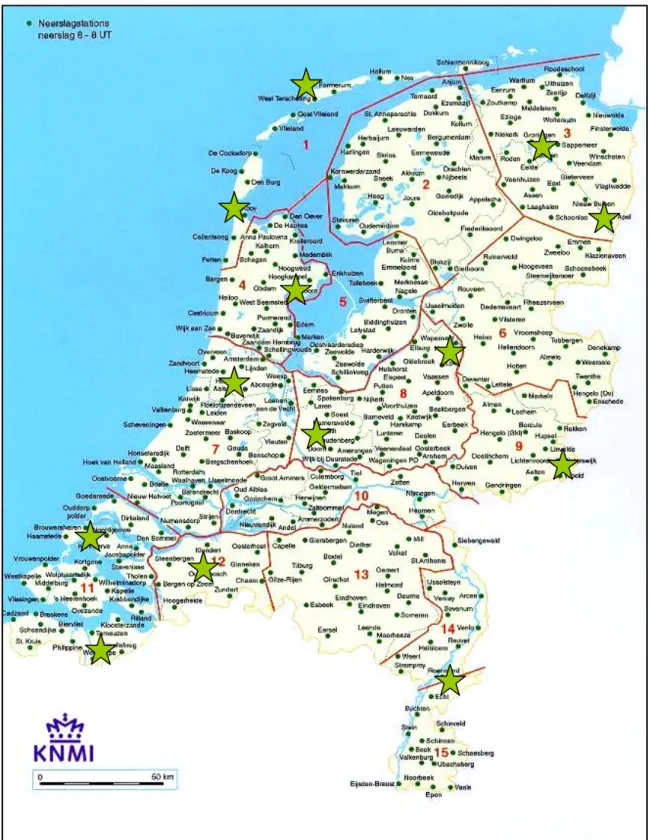 Figure 2.6  Map of the Netherlands showing 283 precipitation stations, divided over  15 precipitation districts