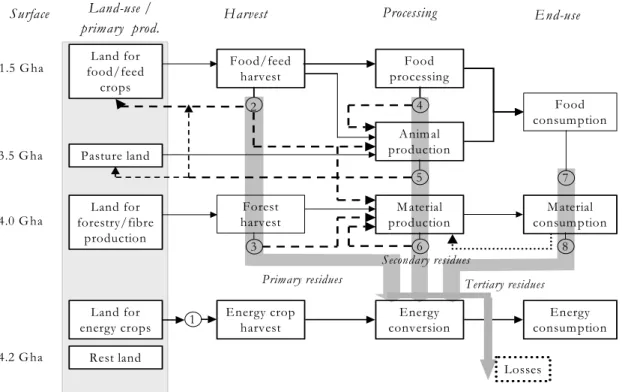 Figure 1: Overview of competition and synergism among various types of biomass flows  and the global land surface