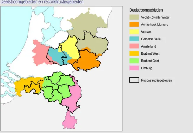 Figuur 2.2 Relatie tussen deelstroomgebieden en reconstructiegebieden 