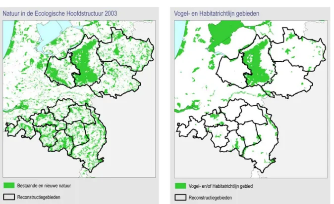 Figuur 2.5  Ligging van bestaande en nieuwe natuur in de EHS (links) en Vogel- en Habitat richtlijn gebieden  binnen het reconstructiegebied (rechts)