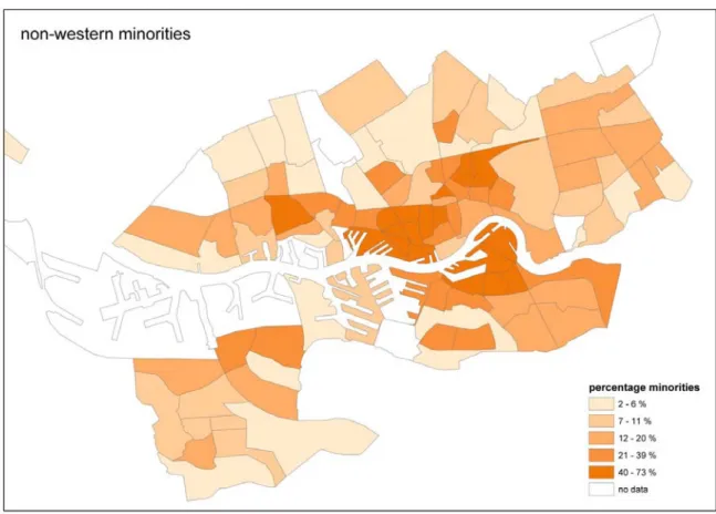 Figure 5.5 Spatial distribution of percentage of non-western minorities in the Rijnmond  region 