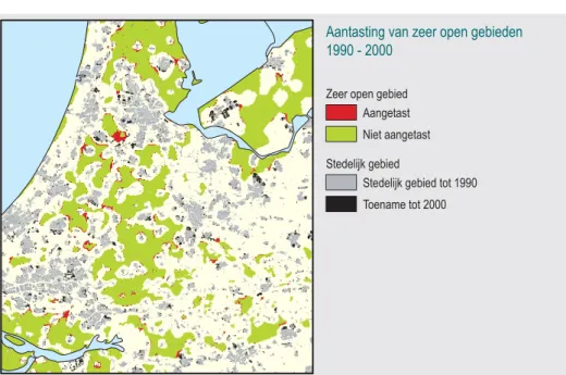 Figuur 3.2 Vooral de randen van het ‘zeer open gebied’ in de Deltametropool zijn aangetast door bebouwing in de periode 1990-2000 (Bron: Roos et al., 2004).