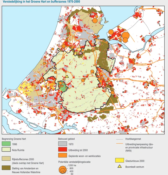 Figuur 2.4: Verstedelijking in het Groene Hart en bufferzones 1970-2000
