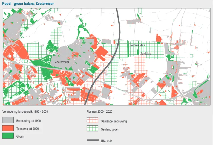 Figuur 2.8: De moeizame realisatie van het Bentwoud/Zuidplas groengebied bij Zoetermeer als voorbeeld van de problematiek rond het groen in en om de stad.