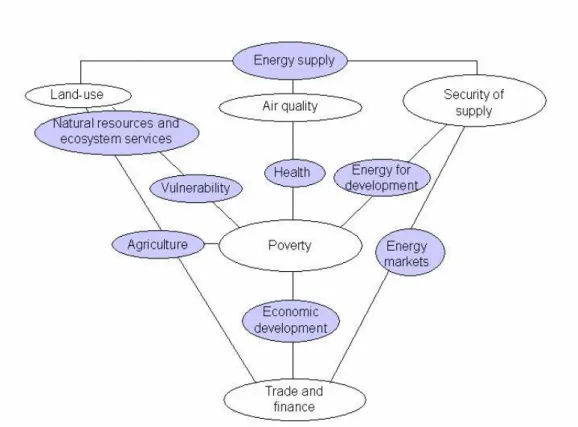 Figure 1.2 Chapter (white) and interlinked themes (blue) assessed on their synergies, trade-offs and options for policy  integration with climate change  