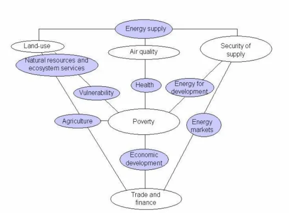 Figure ES 1 Chapter (white) and inte-linked themes (blue) assessed on their synergies, trade-offs and options for policy  integration with climate change 