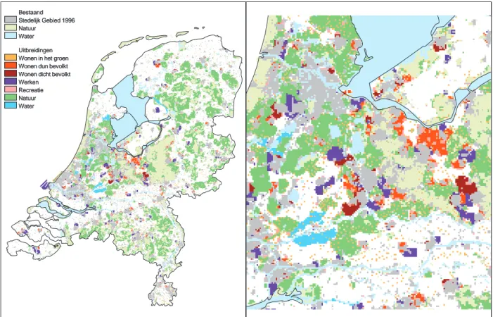 Figure 1 Land use in 2030 in the scenario ‘Individual World’ on a national scale (left panel) and regional scale (right panel) (Source: De Nijs et al., 2002).