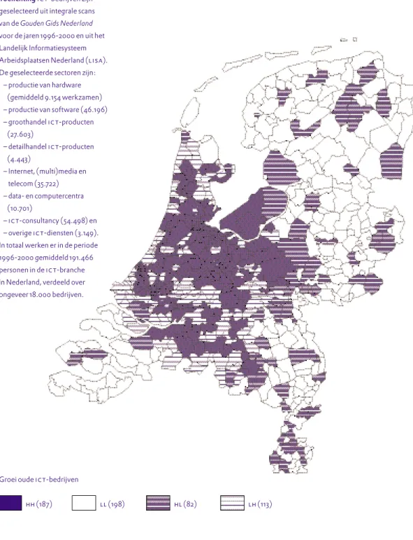 Figuur 6 Relatieve aanwezigheid ict-bedrijven in Nederland (locatiequotiënten, gemiddeld 1996-2000)Figuur 8 richt zich op de werkgelegenheidsgroei van ict-bedrijven die al in