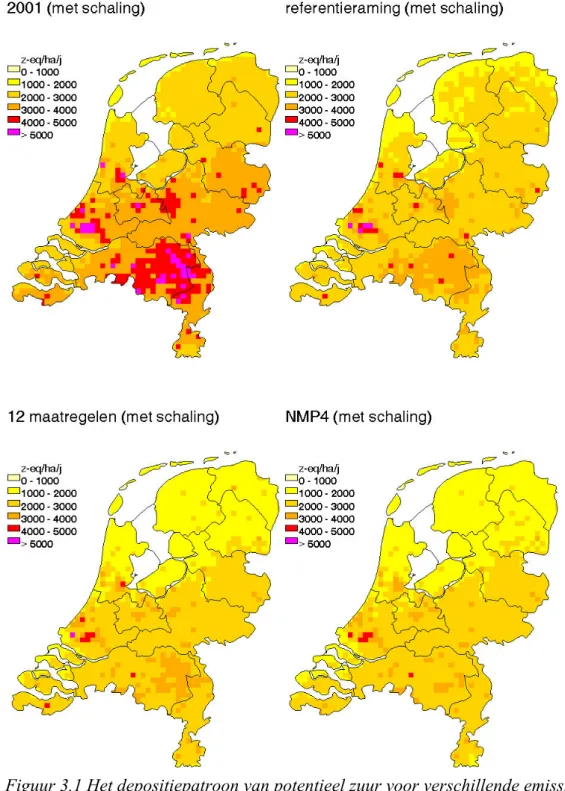 Figuur 3.1 Het depositiepatroon van potentieel zuur voor verschillende emissievarianten, met toepassing van de correctie voor de depositie van ammoniak