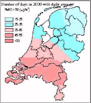 Figure 2.10  Spatial distribution of the number of days when the PM 10  concentration exceeded 50  µ g/m 3  in 2000.