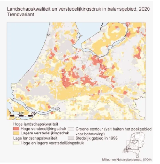 Figuur 5.4 confronteert de landschapskwaliteit voor een uitsnede van Nederland met de potentiële verstedelijkingsdruk volgens de trendvariant