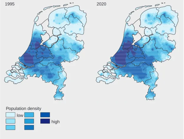 Figure 6.2.12 shows the spatial developments in (non-agricultural) employment for 1995 and 2020, showing for each 500*500 m in the Netherlands the weighted average number of employment within a range of 30 kilometres