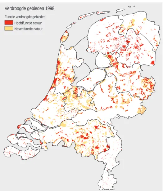 Figuur 3.3 De verdroogde gebieden in Nederland volgens de inventarisatie van 1998 (Bron: