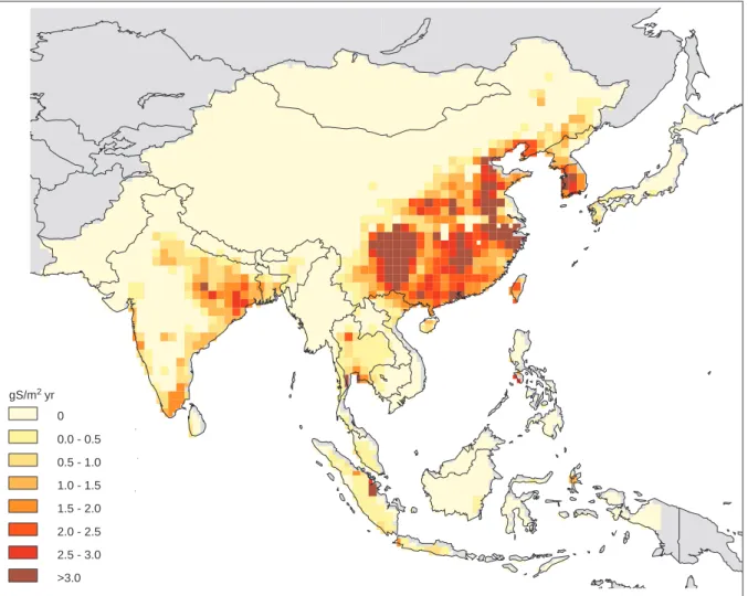 Figure 3.2. Asian areas where critical loads of sulphur deposition are exceeded in 2050 assuming partial controls of sulphur dioxide emissions