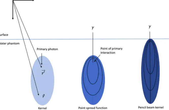 Figure 5 –The dose kernel concept. Light blue: Illustration of a point spread kernel.    indicates  the dose point and  