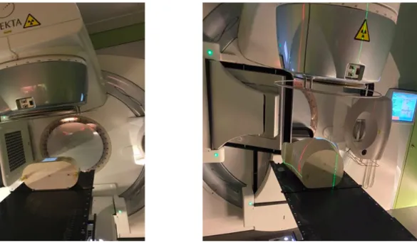 Figure 12 – The CarPet phantom (left) and thorax phantom (right) on the couch of the LINAC