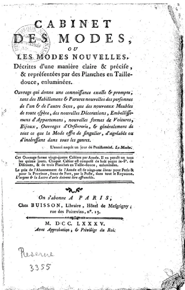 Fig. 5: Jean Antoine Brun and Buisson, Titlepage of the Cabinet des Modes ou les Modes Nouvelles  Cahier 1, 1785, print on paper, Bibliothèque nationale de France