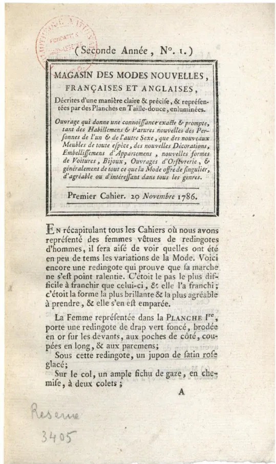 Fig. 8: De Sauvigny and Buisson, Titlepage of the Magasin des Modes Nouvelles Françaises et  Anglaises, 1786, print on paper, Bibliothèque nationale de France