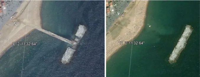 Figure 3.13: Detached breakwater near Barcelona during construction (left) and after construction (right)  (image from Google earth Pro)