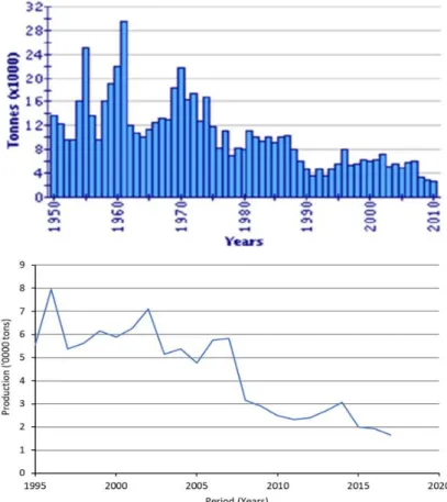 Figure 1 Evolution of global production of the European flat oyster from aquaculture. The Upper  panel-61year period from 1950 to 2010 adopted (Gercken and Schmidt 2014)