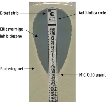 Figuur 1.4: E-test ceftolozane/ tazobactam met MIC 0,50 μg/mL (https://www.biomerieux-diagnostics.com).