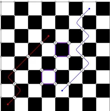 Figure 3.5: A bipartite lattice with spins living on the vertices. The stabilizer operators are given in purple and are the same for both plaquette colors