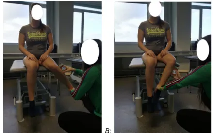 Fig. 8: Rotations in flexed hip position. A: internal rotation, B: external rotation. 