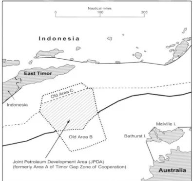 Figuur 2: Joint Petroleum Development Area (JDPA) zoals gedesigneerd  door de 'Timor Sea Arrangement', Kluwer Law International 2002 