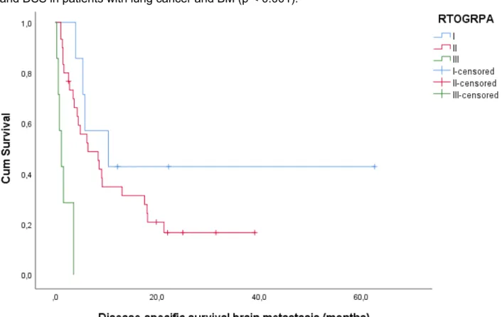 Figure 11: Kaplan-Meier plot for DSS in lung cancer patients according to RTOG RPA. Log Rank test (Mantel- (Mantel-Cox) is significant with p &lt; 0.001)