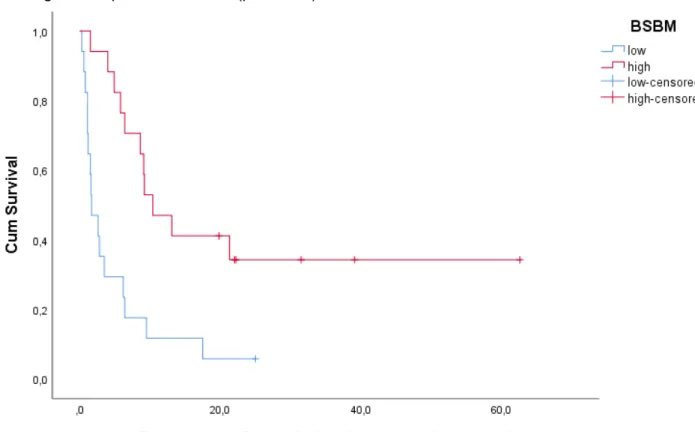 Figure 12: Kaplan-Meier plot for DSS in lung cancer patients according to BS-BM. Log Rank test (Mantel- (Mantel-Cox) is significant with p = 0.001