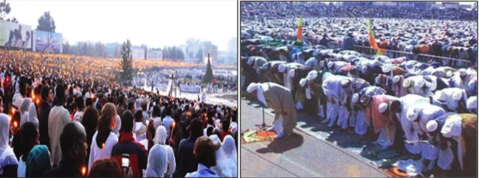 Figure 4.3: Ethiopian OCs (on the left) and Muslims (on the right) attending Meskel, the  finding of the true cross, and Ed al-Adha religious festivals, respectively, in Addis Ababa 