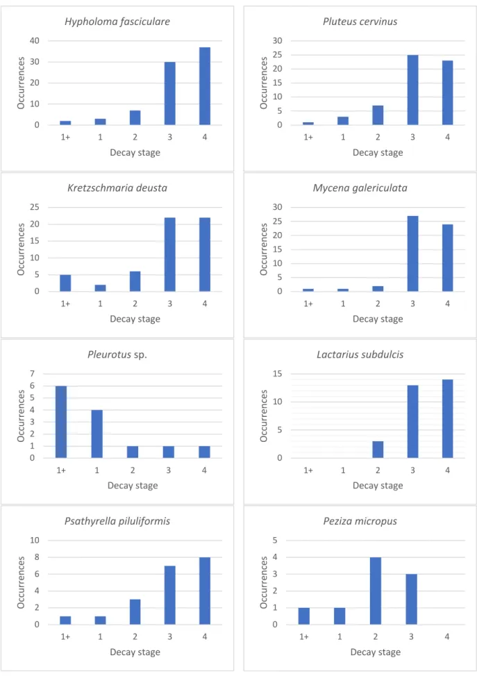 Figure 22. Occurrences per decay stage of specific species 0102030401+1234OccurrencesDecay stageHypholoma fasciculare 05 1015202530 1+ 1 2 3 4OccurrencesDecay stagePluteus cervinus05101520251+1234OccurrencesDecay stageKretzschmaria deusta0510152025301+1234