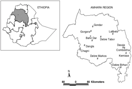 Figure 5.  The Amhara Region and Location of The Weather Stations Used in The Study  Source (Bewket and Conway, 2007)