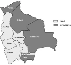 Figuur 4 Uitslag Boliviaanse presidentsverkiezingen 2005, gewonnen partij per departement; Klein, A concise history of  Bolivia, 266