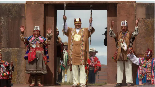 Figuur 8 Evo Morales tijdens zijn rituele inhuldigingsceremonie in Tiwanaku (21 januari 2015)