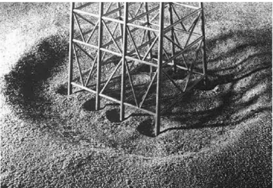 Figure 2-9: Scour around a piled steel jacket foundation (Sumer and Fredsøe, 2002), after Angus and  Moore (1982) 