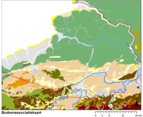 Figuur 2: De bodemassociatiekaart met aanduiding van het onderzoeksgebied (De Clercq 2009, 146, Figuur 7.1)