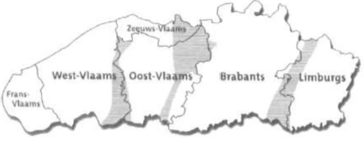 Figure 1 : Les grandes régions dialectales en Flandre (Taeldeman, 2005, p.9) 
