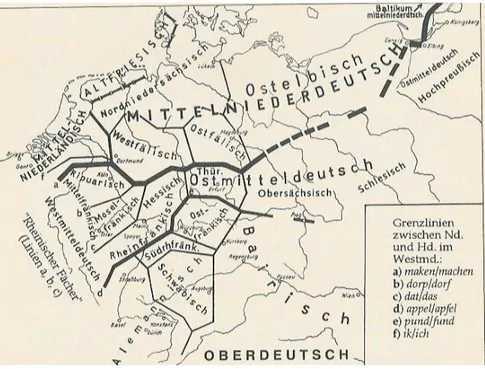 Figuur 7: Geografisch overzicht van het West-Germaanse dialectencontinuüm 11 de -14 de  eeuw (Paul et al