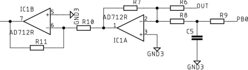 Figure 7.3: Opamp circuit providing feedback to the ADP1074. PB0 depicts the microcontroller PWM output pin.