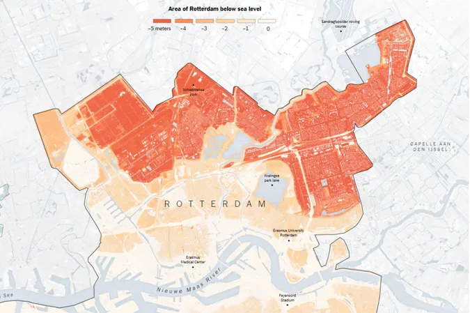 Figure 1.1.2: 90% of the city of Rotterdam lies below sea level, leaving many residential areas vulnerable to a rising ocean.[49]