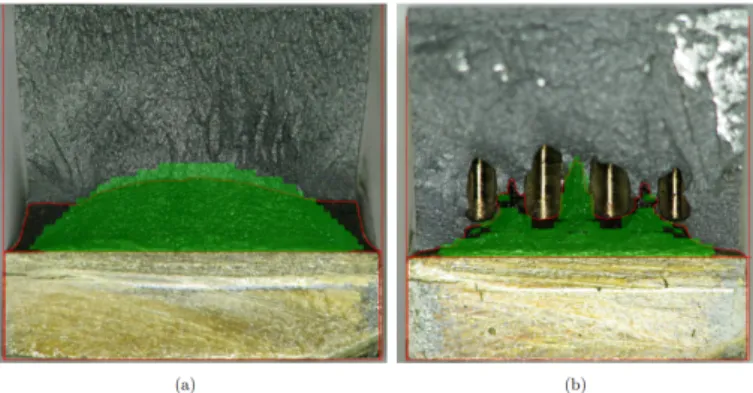 Fig. 10. Overlay of the modelled crack on the fracture surface, where (a): A12B2 and (b):A12B3 square holes