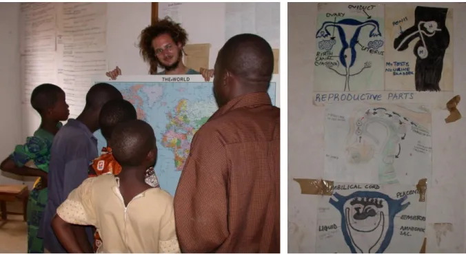 Fig. 1. Educatief beeldmateriaal in een secundaire school in Malawi. Links een wereldkaart gekregen als  geschenk uit België, rechts eigen tekeningen.