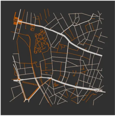 Figuur 5.1: De oranje wegen zijn overbodig en worden weggelaten bij de transformatie van een routable tile naar een transit tile