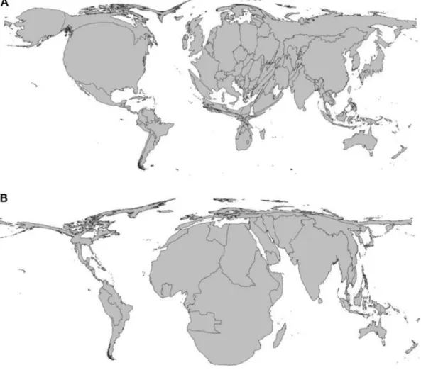 Figuur 1: Wereldkaart met (A) het relatieve aandeel van cumulatieve CO 2 -emissies per land,  en (B) de ernst en grootte van de gevolgen van klimaatverandering voor malaria, 