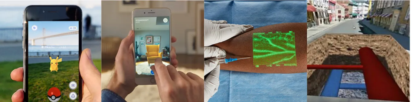 Figure 2.10: Snapshots of Pokémon Go, IKEA Place, VeinViewer R Vision and Bentley System’s virtual excavation application (from left to right) [13, 28–30]