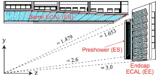 Figure 3.6: Transverse section of the ECAL showing the barrel, preshower and endcaps. Figure taken from Ref