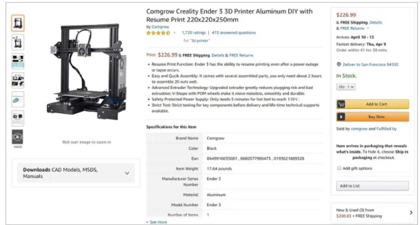 Figure 8 Ender-3 3D Printer Product Landing Page, obtained from ©Amazon.com (2020)