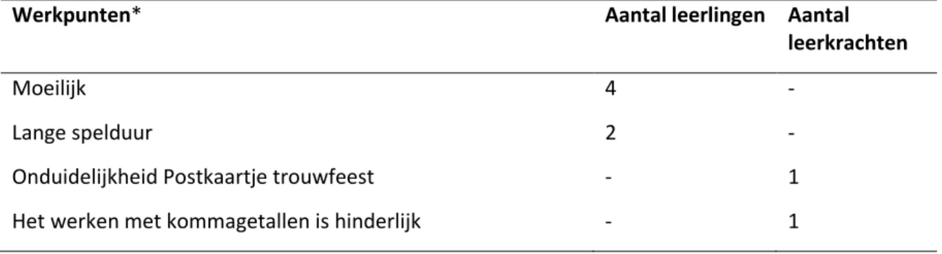 Tabel 4: Werkpunten volgens respondenten 